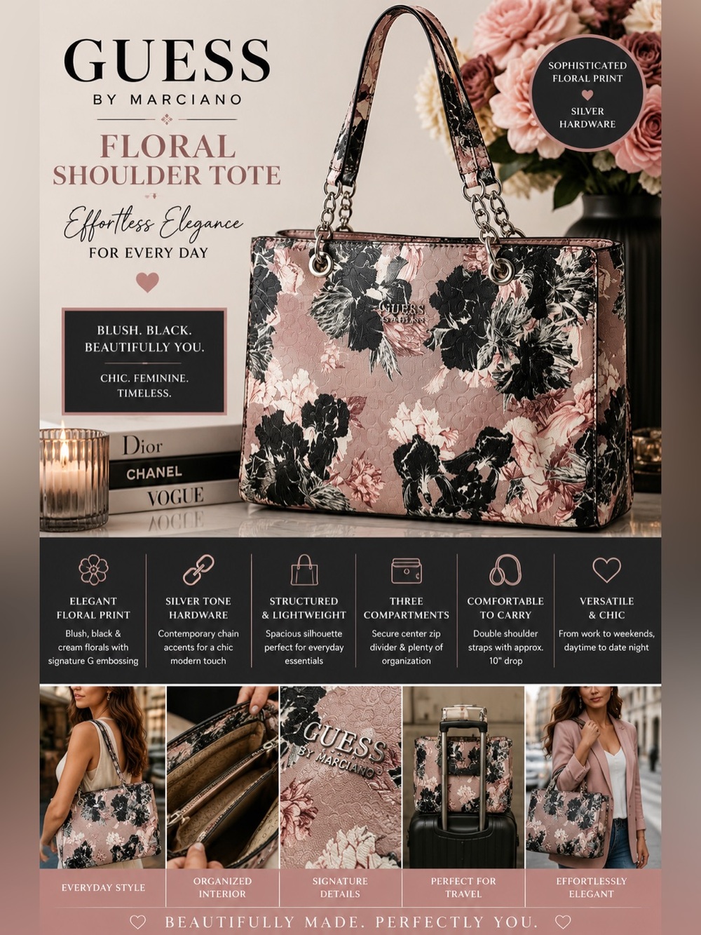 Guess by Marciano Blush Pink Floral Shoulder Tote With Silver Hardware